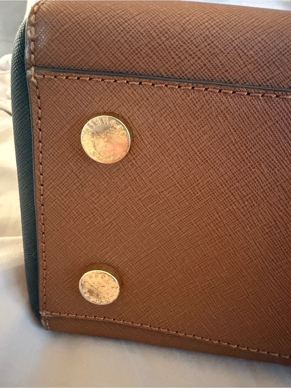MICHAEL KORS Brown and Black Saffiano Leather Satchel with Gold Hardware